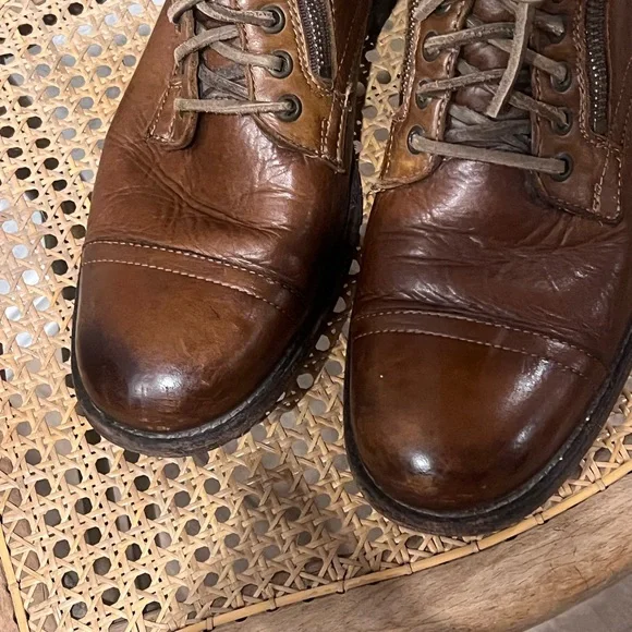 Frye Tyler Brown Leather Double Zip Lace-Up Boots with Brogue Detailing